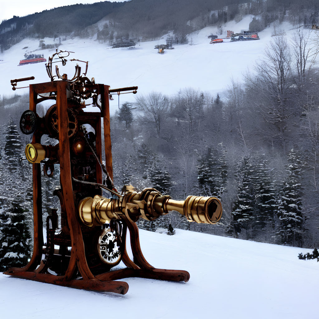 Steampunk-style brass sculpture overlooking snowy ski slopes