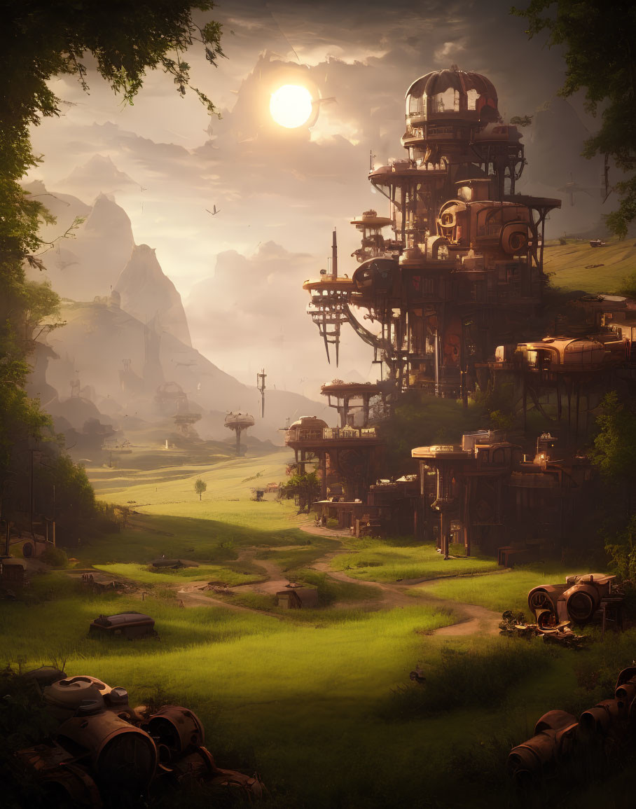 Steampunk-inspired landscape with towering mechanical structures under a glowing sun