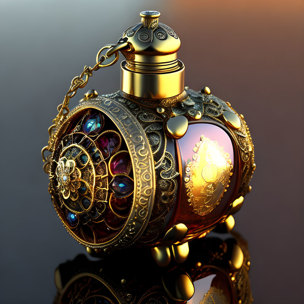 Golden spherical perfume bottle with intricate metalwork and colorful gems on a glossy surface