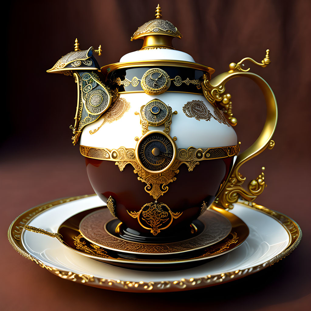 Golden embellished ornate teapot with matching cup and saucer on brown backdrop