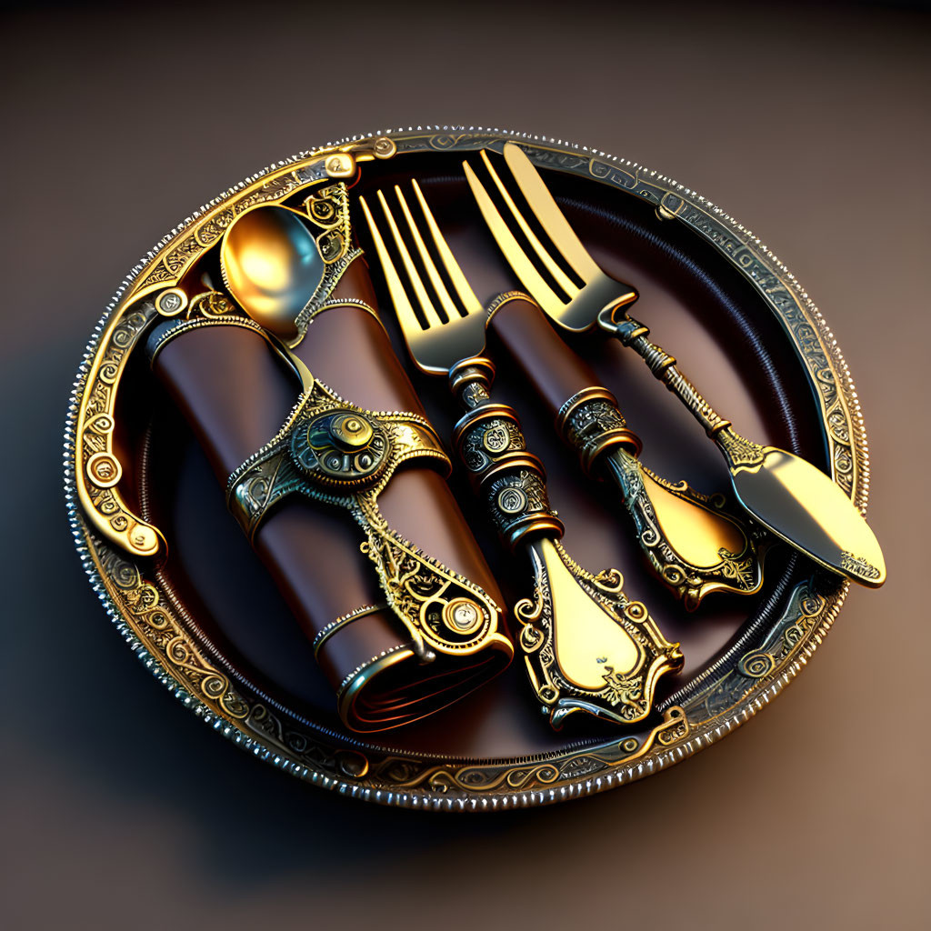 Golden Cutlery Set with Spoon, Fork, Knife, and Utensils on Decorative Plate