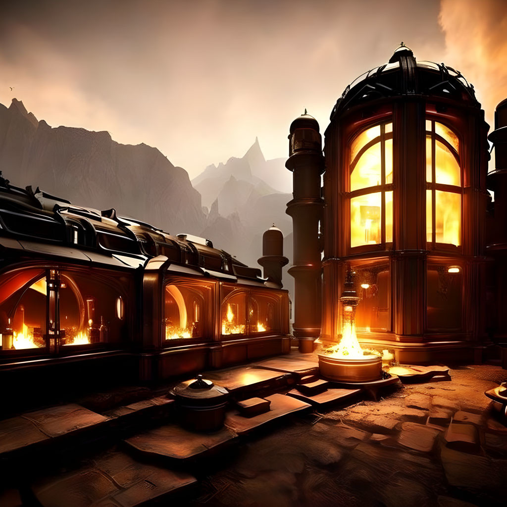 Orange-hued steampunk interior with mountain backdrop