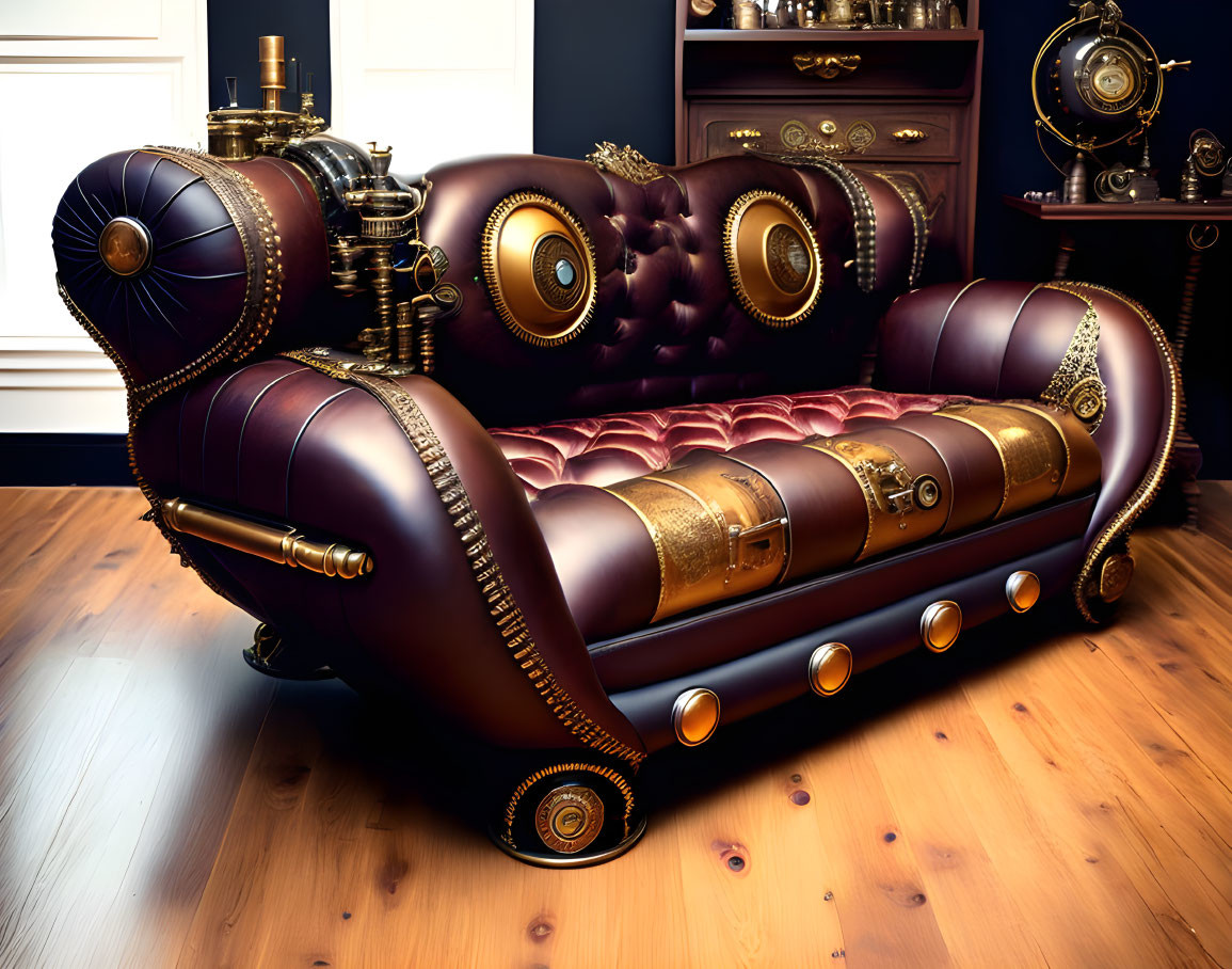 Victorian-style Leather Couch with Steampunk Aesthetic