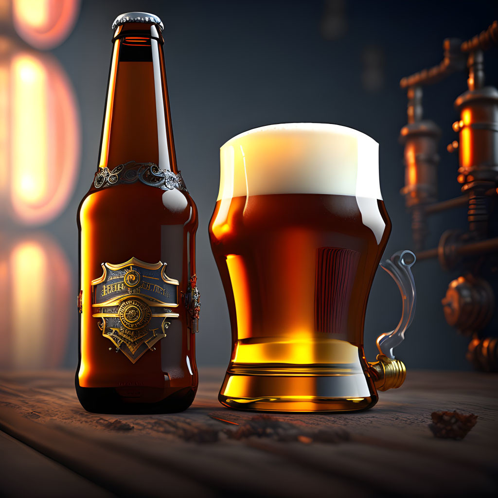 Brown beer bottle and glass mug on wooden surface with warm background