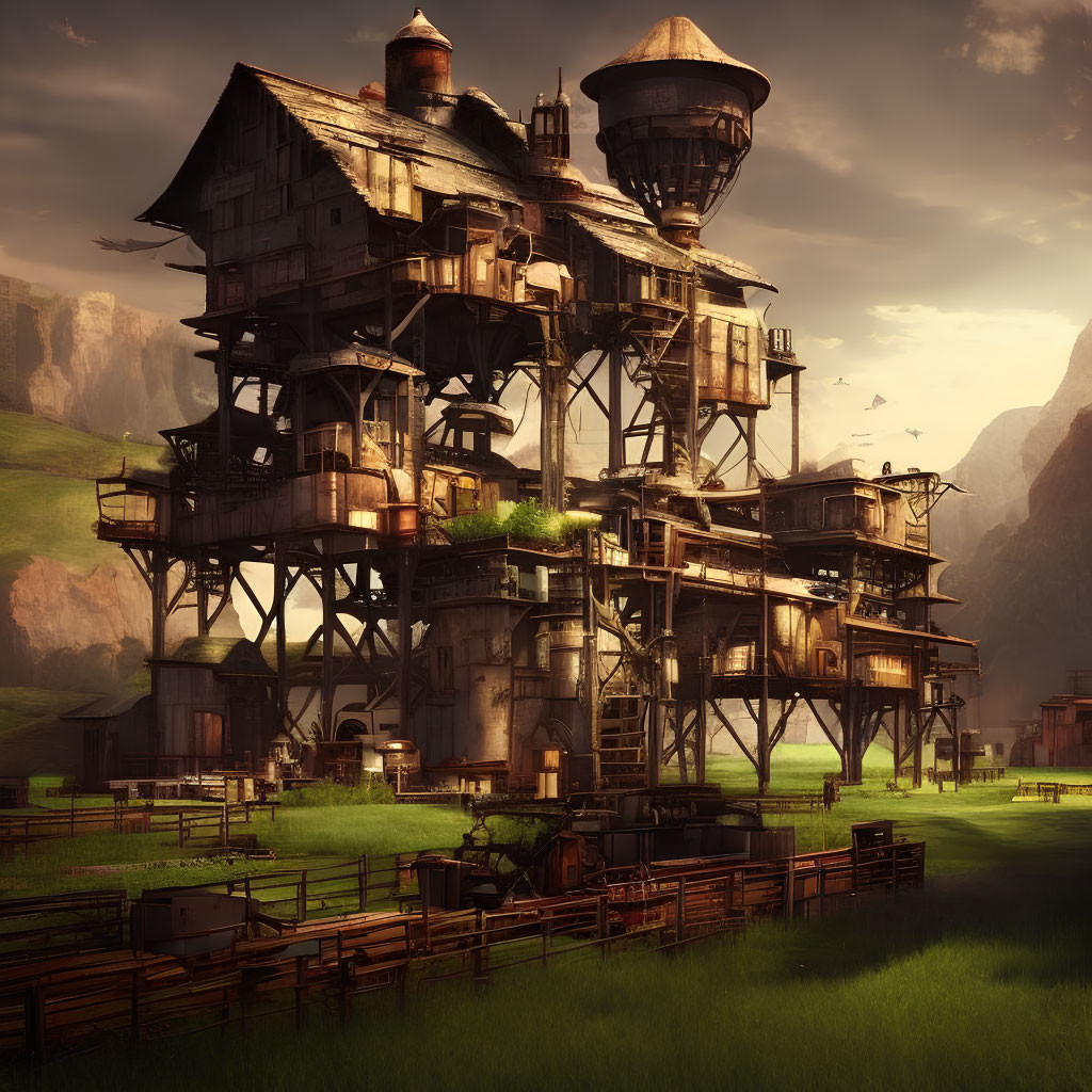 Fantasy structure with wooden beams, balconies, and towers in serene mountain landscape