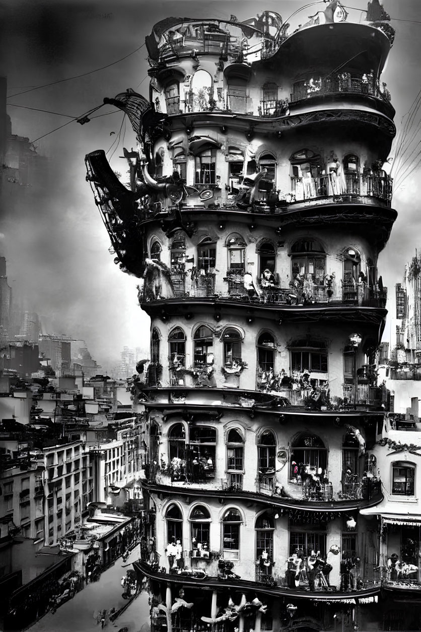 Surreal baroque multi-story building in monochrome urban setting