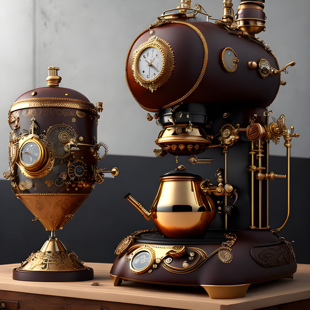 Steampunk-style Coffee Machine with Brass Pipes and Gauges