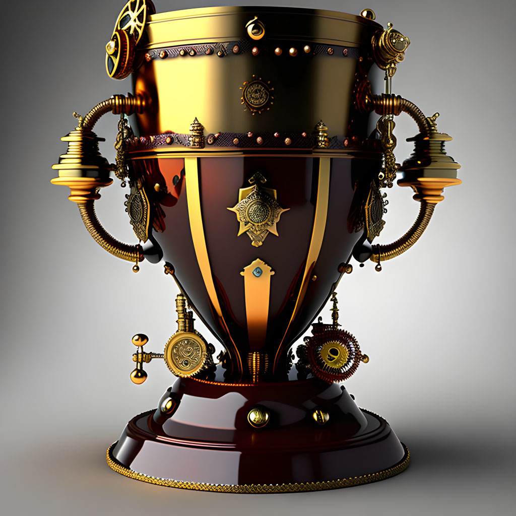 Steampunk-inspired trophy with gears and golden detailing