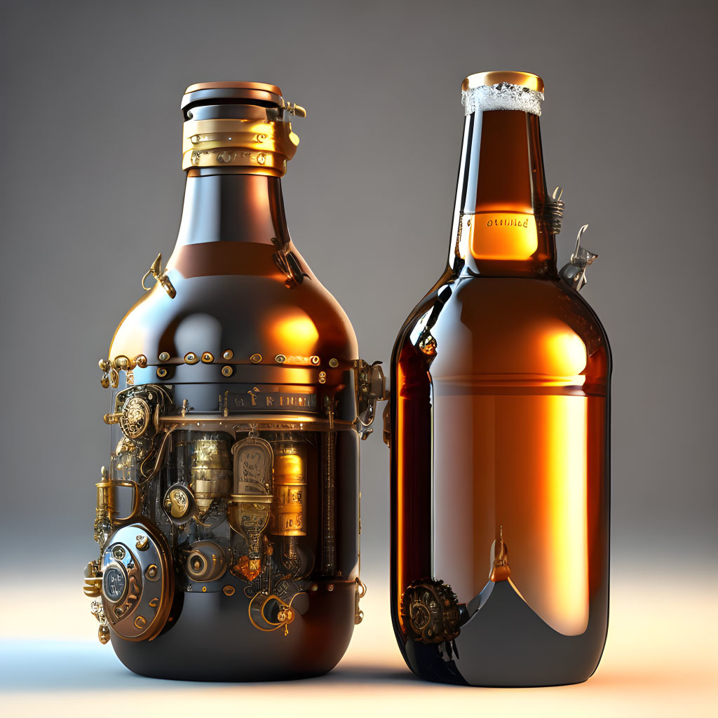 Steampunk-style bottles with metallic details and gears on soft-lit background