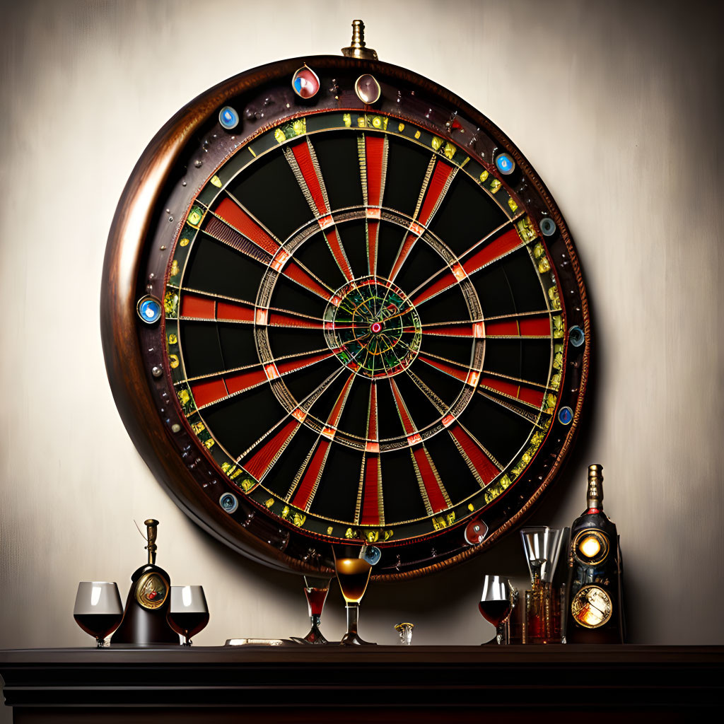 Luxurious dartboard decor with wine glasses, bottle, and vintage clock