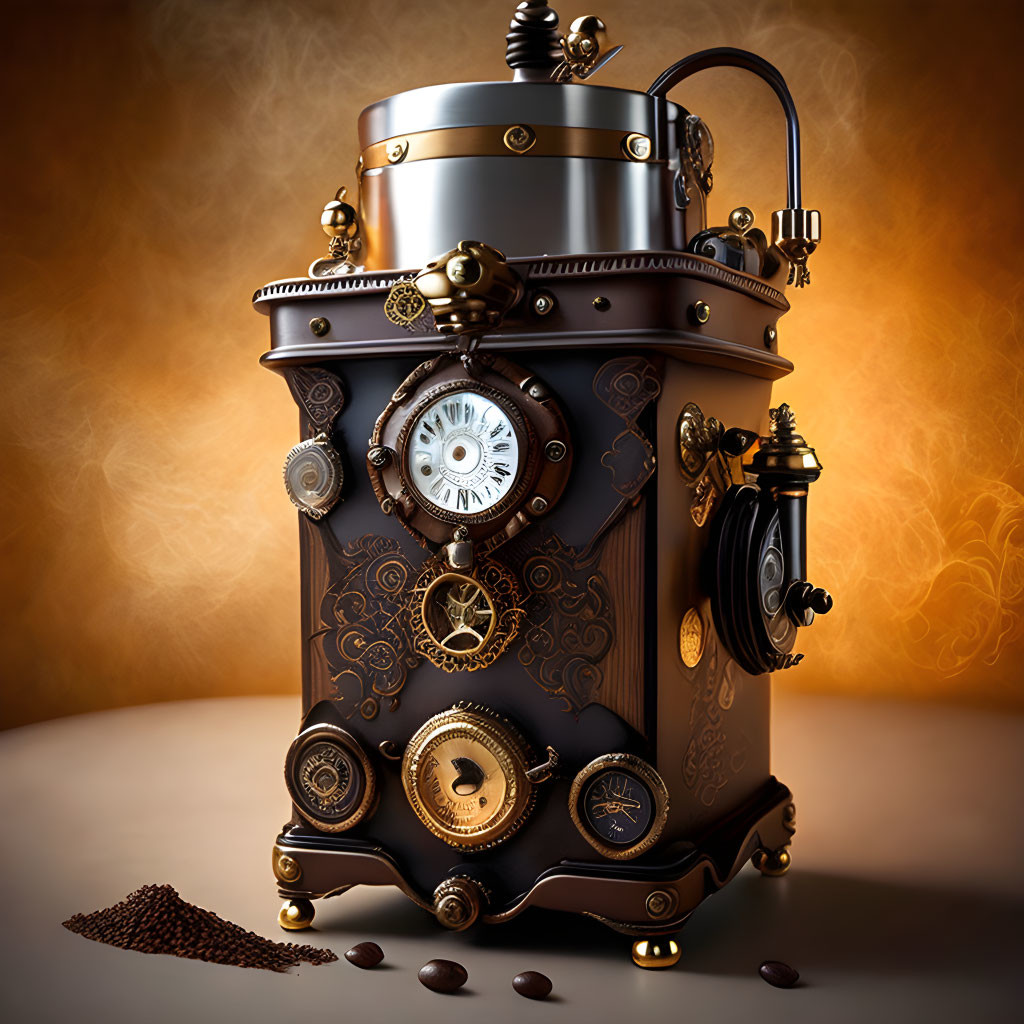 Steampunk-Inspired Coffee Machine with Brass Accents and Gauges