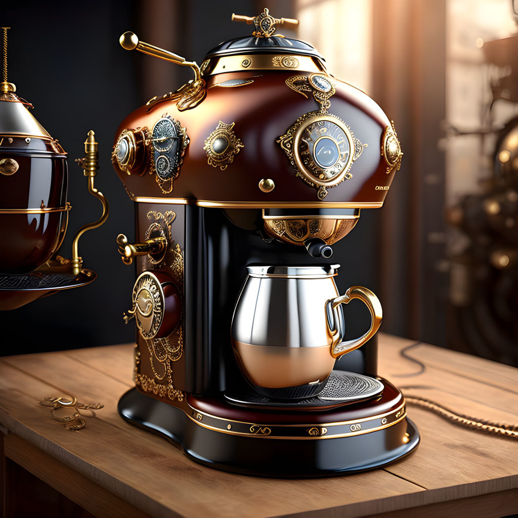 Vintage-style Espresso Machine with Gold Accents and Steampunk Design