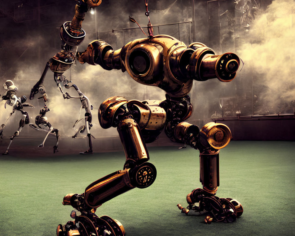 Steampunk-style robot in boxing pose with brass detailing in arena