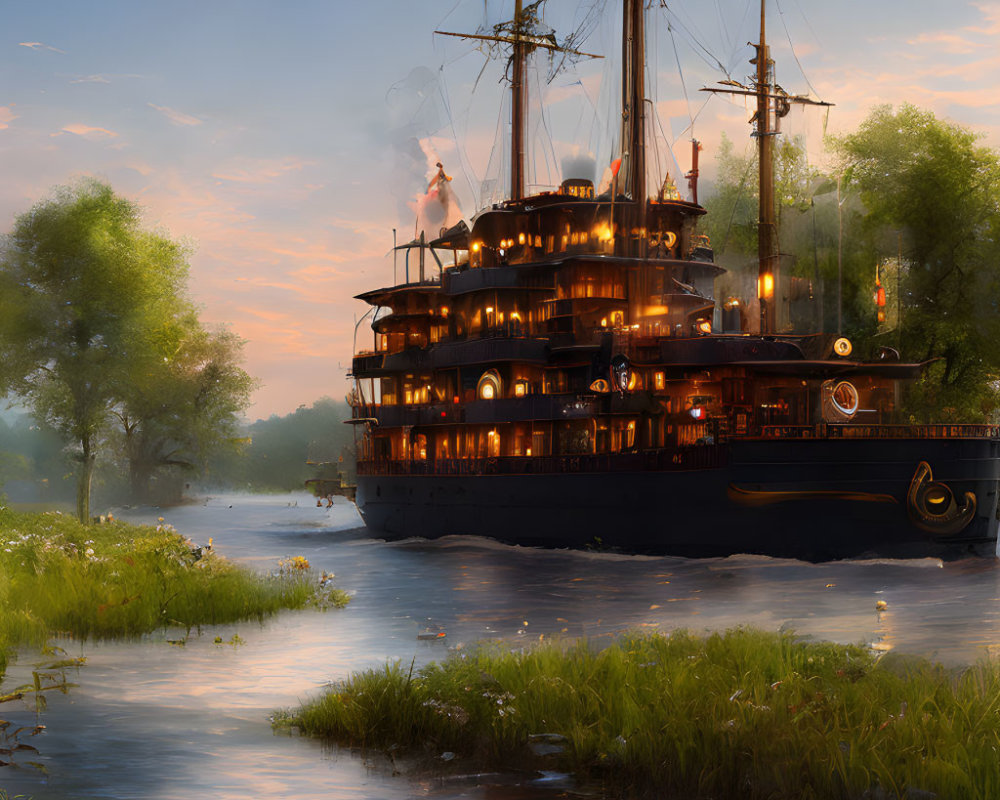 Ornate steamboat with glowing lights on river at dusk