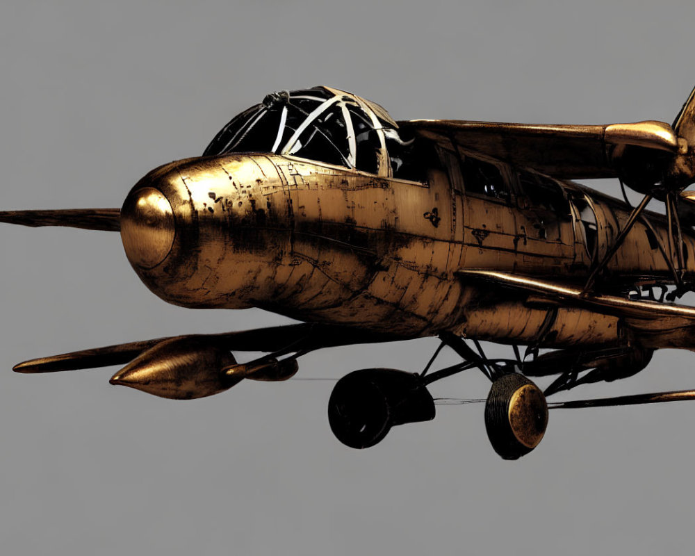 Vintage Gold-Toned Aircraft with Propellers and Detailed Cockpit