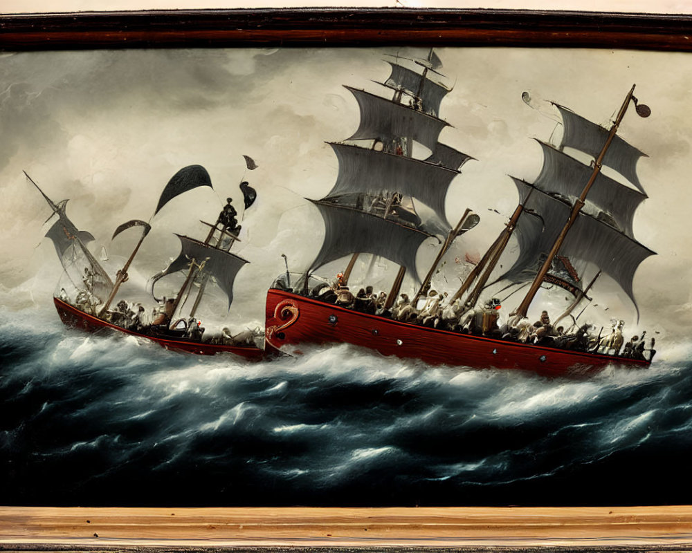 Vintage painting of two sailing ships in stormy seas with crew, set in ornate frame