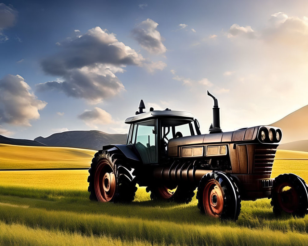 Golden field tractor under sunset skies and distant hills