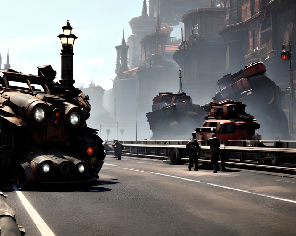 Futuristic cityscape with tank-like vehicles, people in black suits, and towering spires under