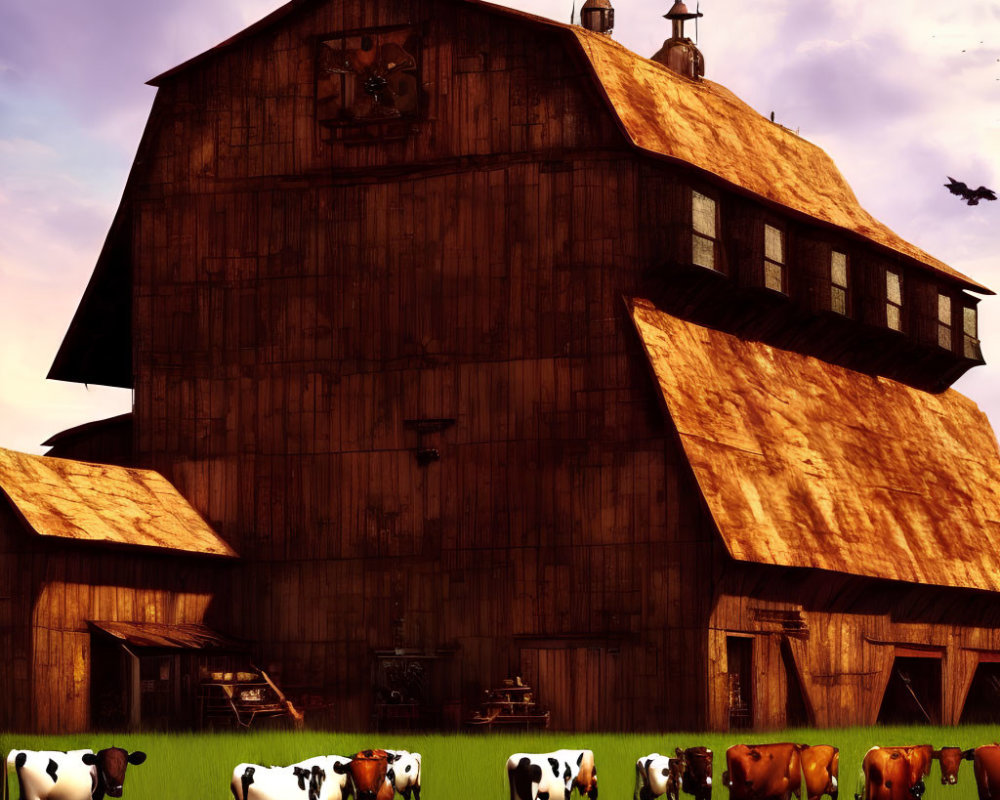 Rustic wooden barn with cows and birds under orange sky