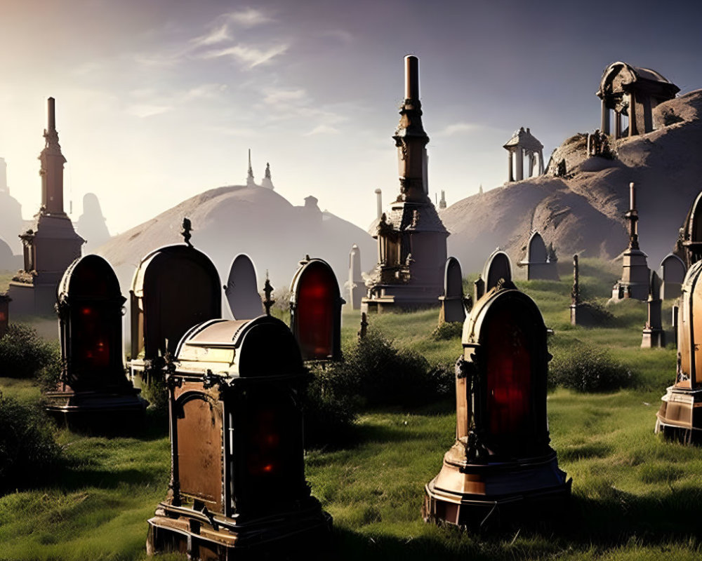 Sunset view of serene cemetery with ornate tombstones and mausoleums, lush green grass