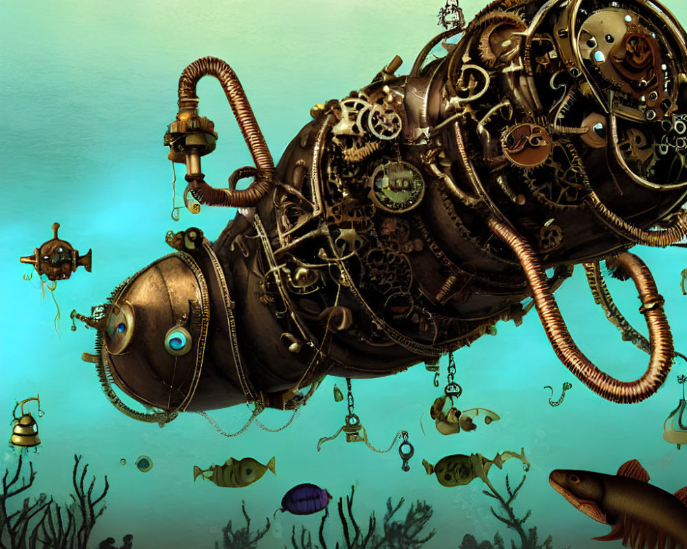 Steampunk-inspired submarine with gears and pipes underwater.