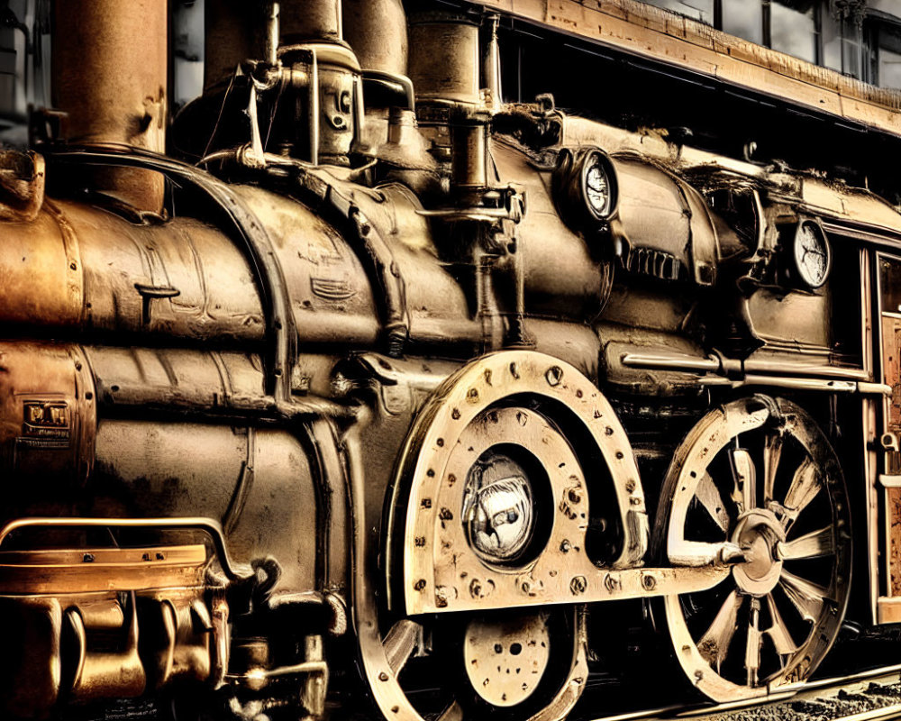 Vintage steam locomotive detailed side view with large wheels and pipes