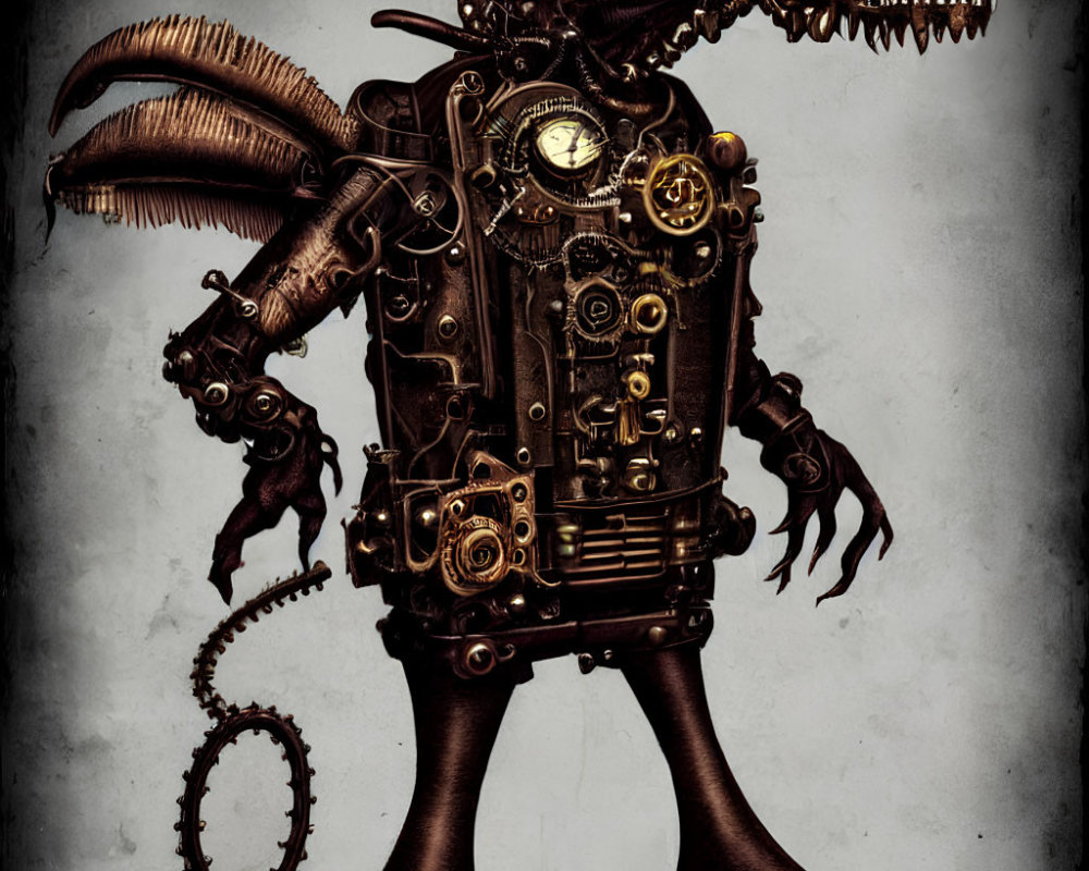 Steampunk-style mechanical creature with gears, tail, and horn-like protrusions