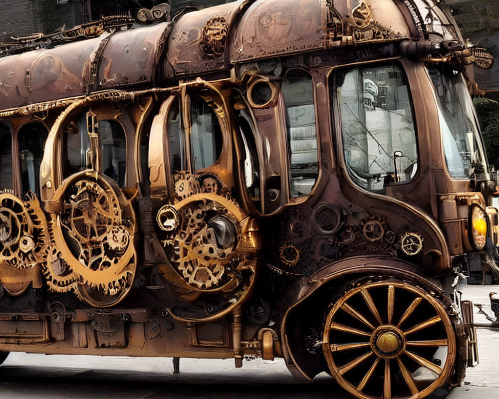 Steampunk-style bus with exposed gears and brass fittings