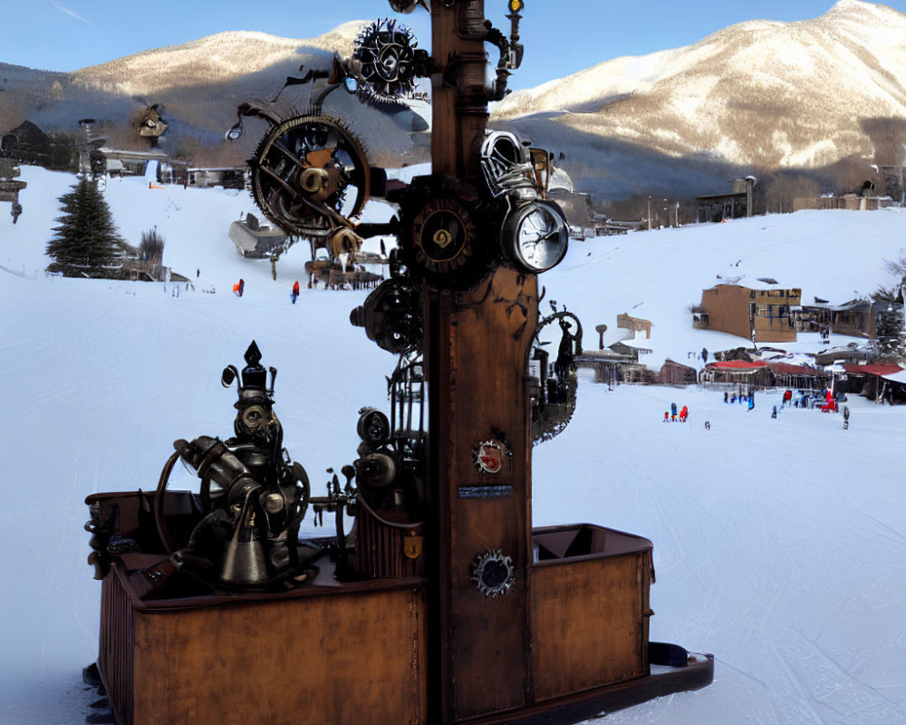 Steampunk-style sculpture with gears in snowy mountain resort.