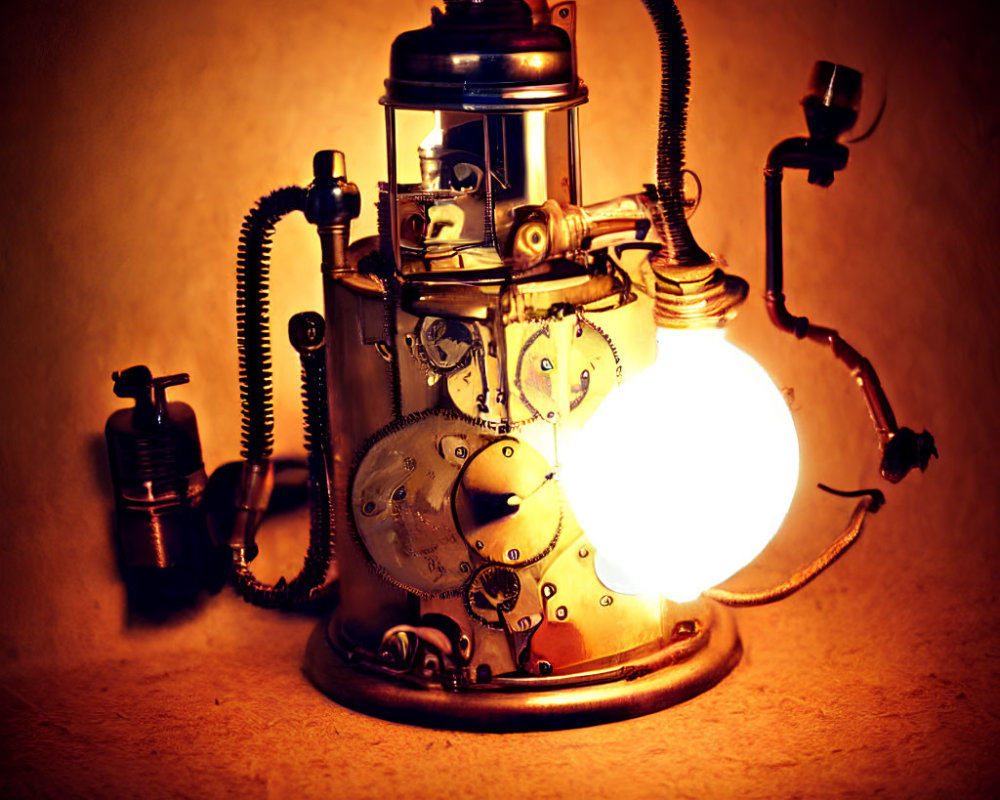 Intricate Steampunk-Style Lamp with Gears and Pipes on Amber Background