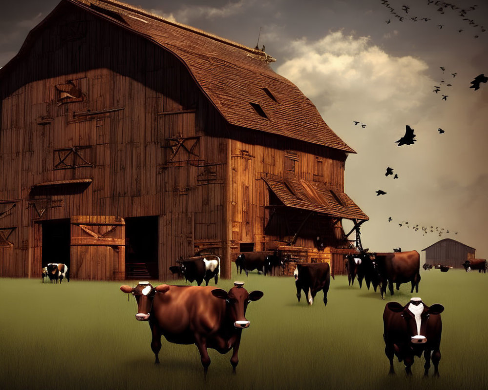 Rustic barn with cows under cloudy sky in serene farm scene