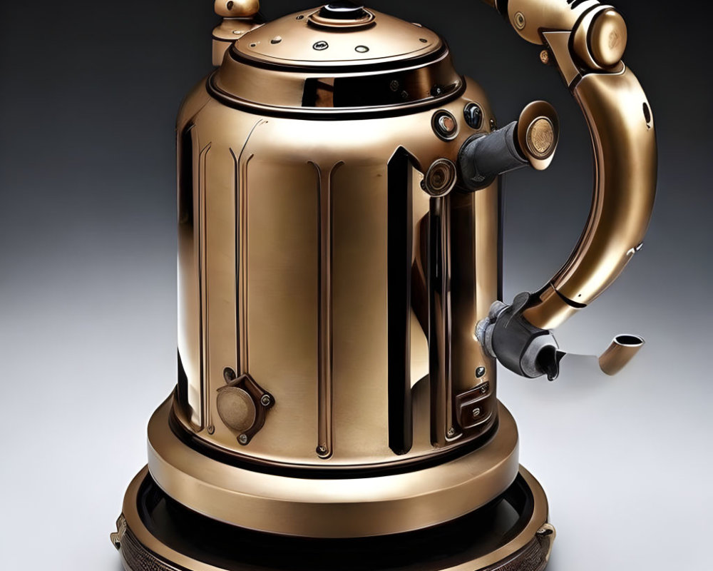 Brass Steampunk Kettle with Curved Spout and Pressure Gauge