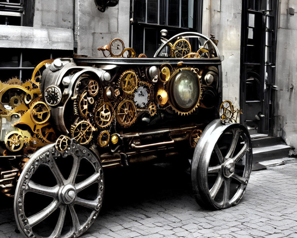 Steampunk-inspired vehicle with exposed gears, cogs, and mechanical details