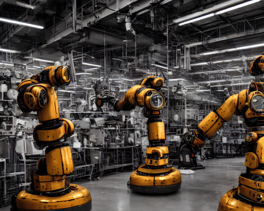 Industrial setting with multiple robotic arms in desaturated colors and yellow machinery.