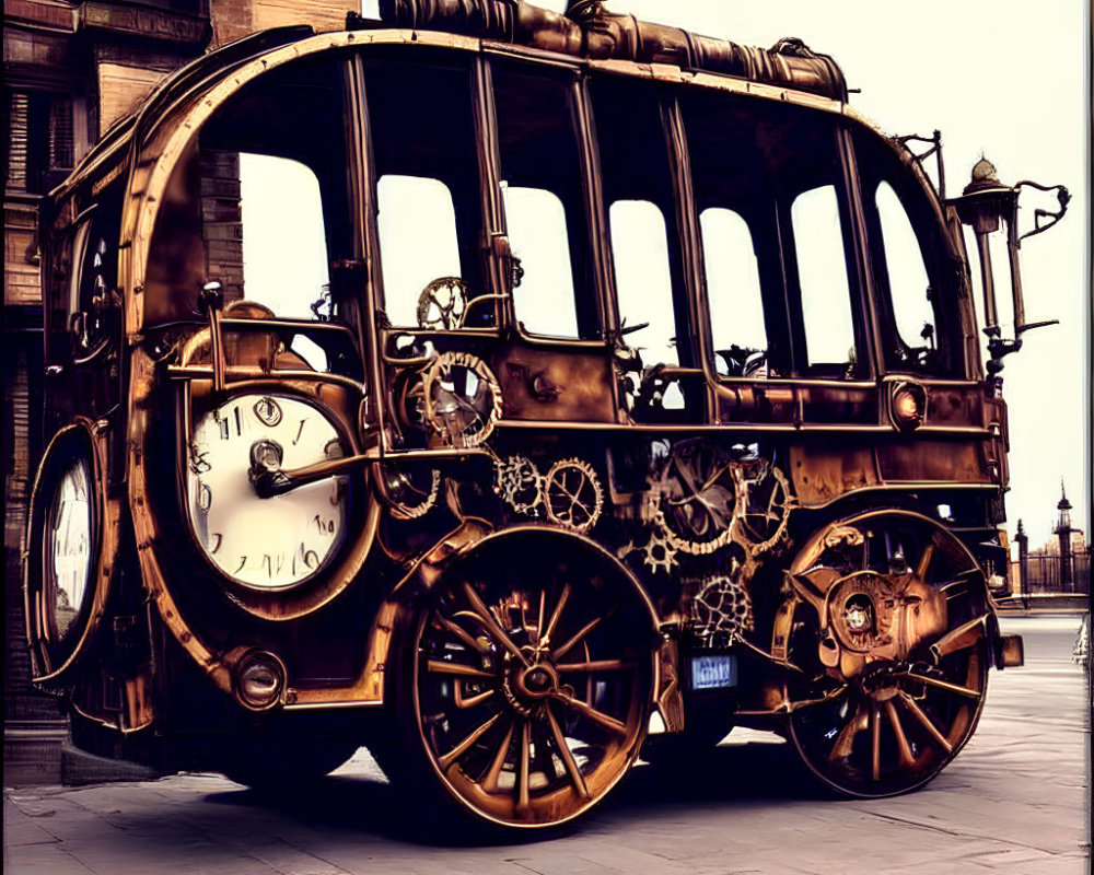 Steampunk-style bus with brass gears and clock parked on cobblestone area.