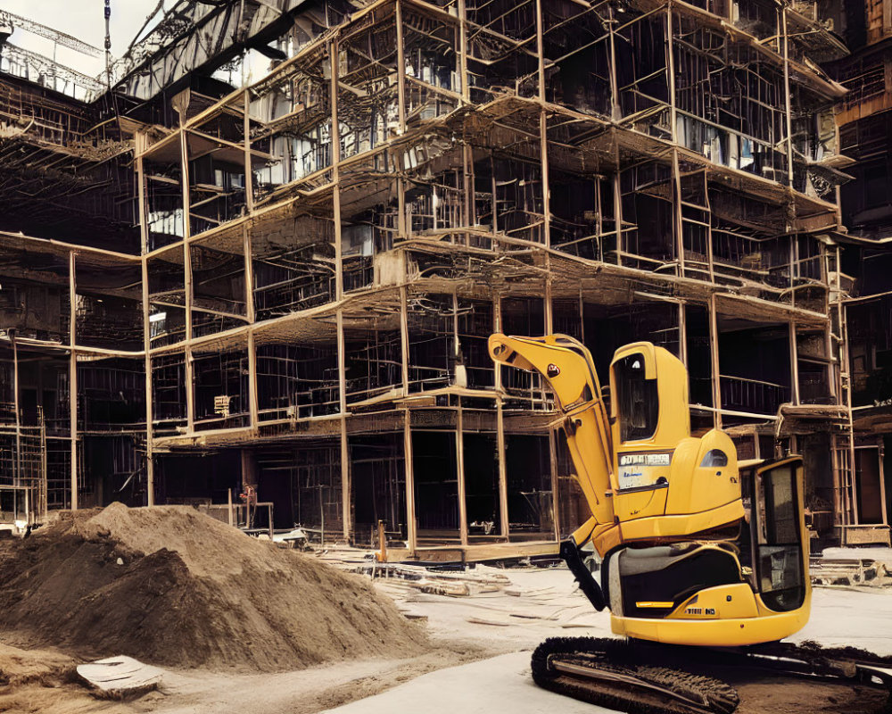 Yellow Excavator on Construction Site with Scaffolding and Structure Background