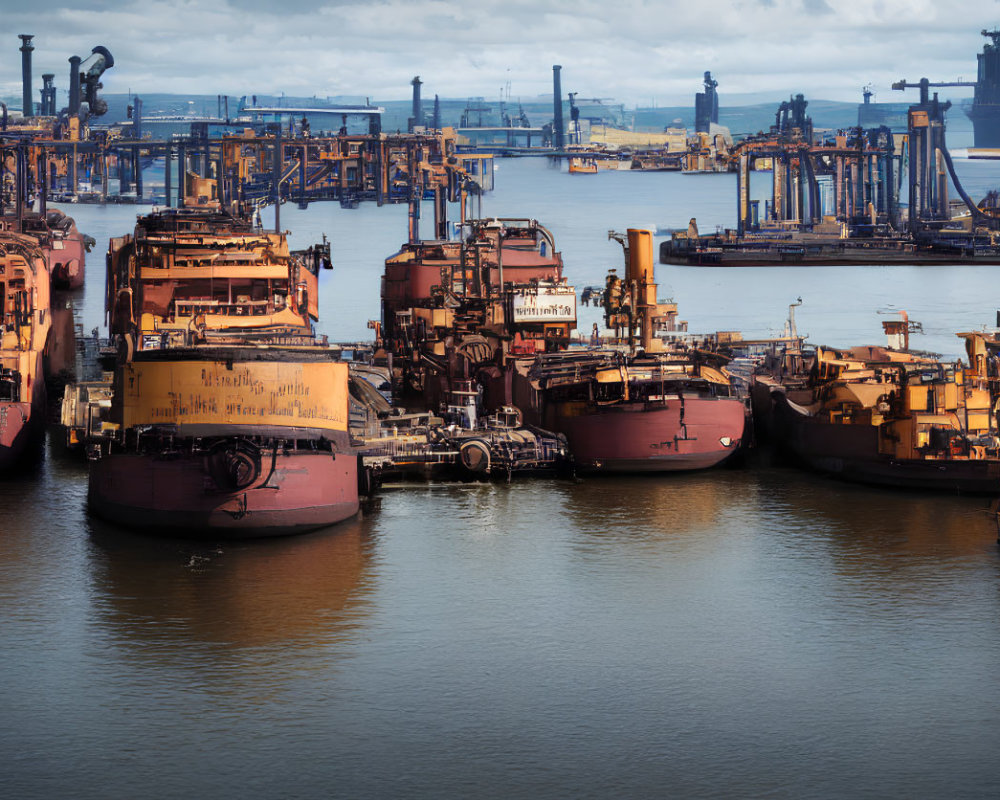 Large industrial ships in harbor with cargo and cranes under cloudy sky