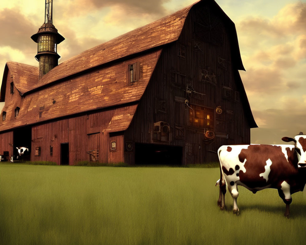 Rustic barn with weather vane in green field with grazing cows