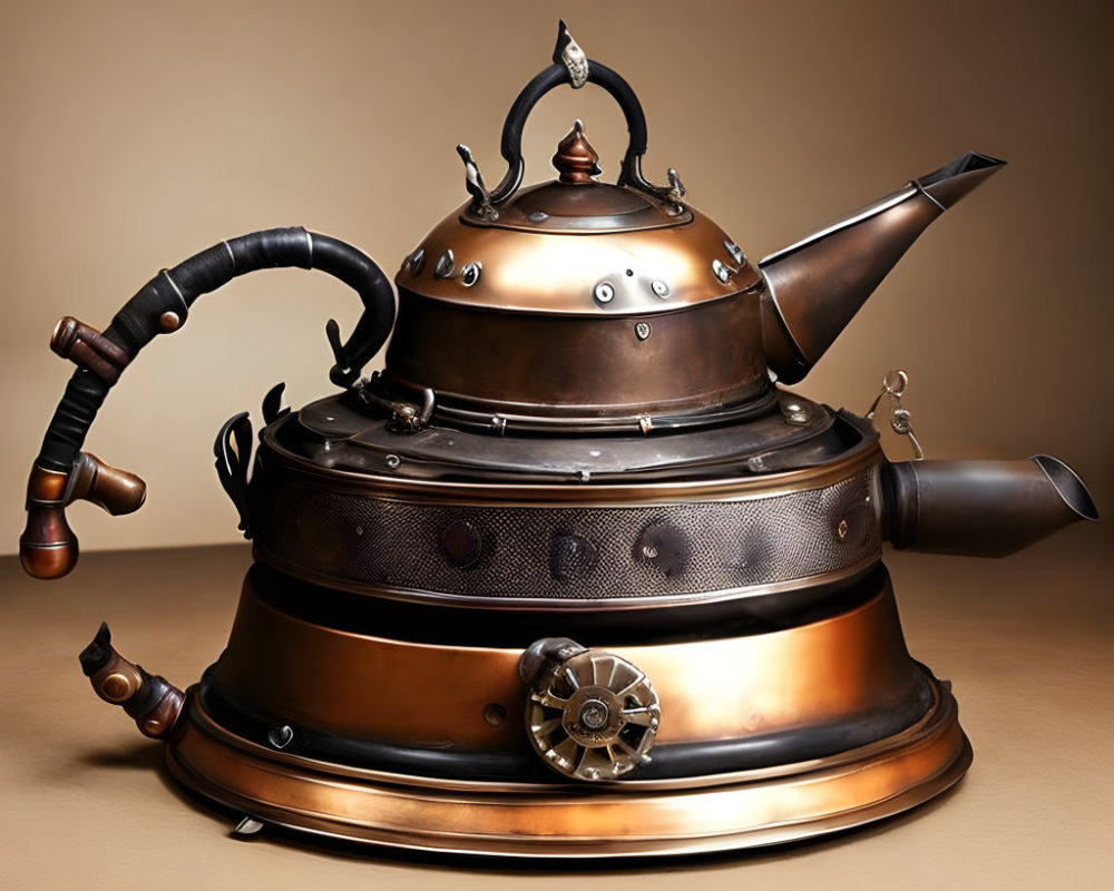 Steampunk-style Teapot with Multiple Spouts and Intricate Metalwork on Tan Background