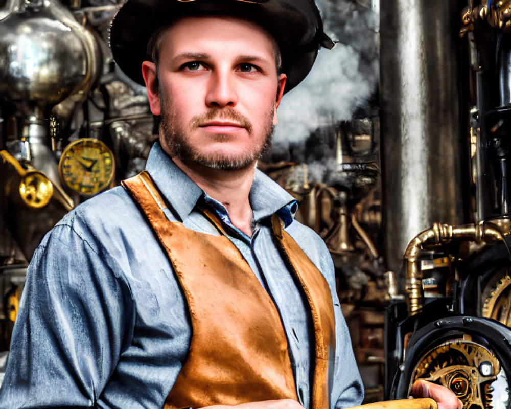 Steampunk man in top hat and leather vest in workshop with brass pipes and gauges.