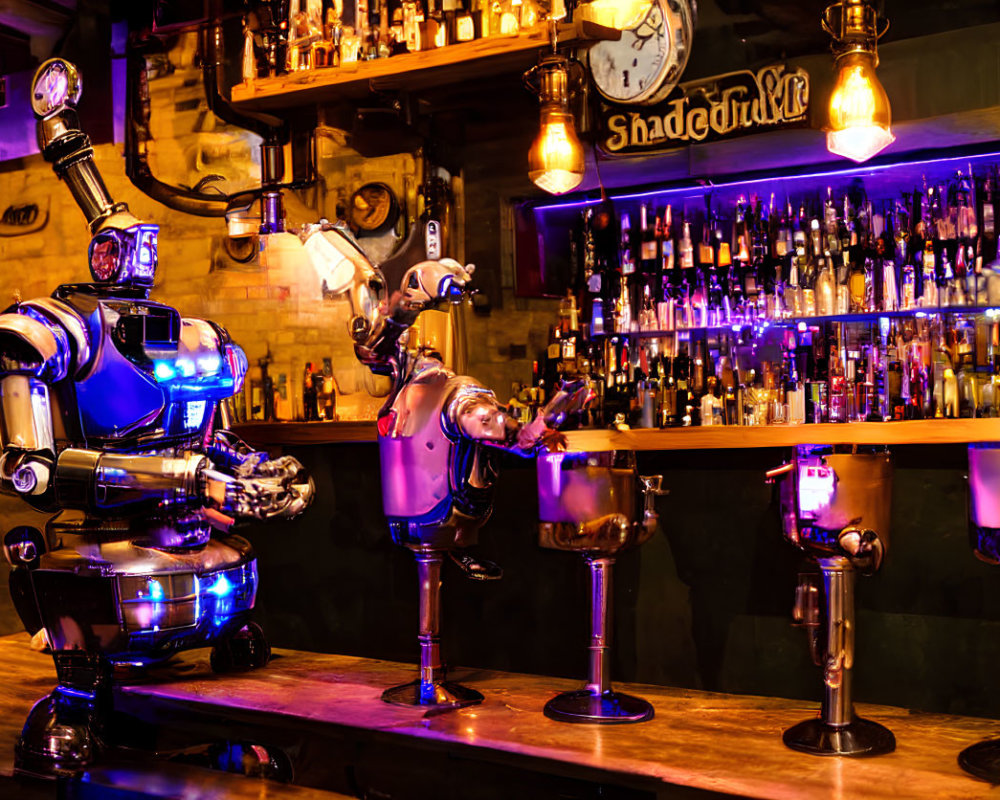 Robot and girl at bar with drinks in warm ambient lighting.