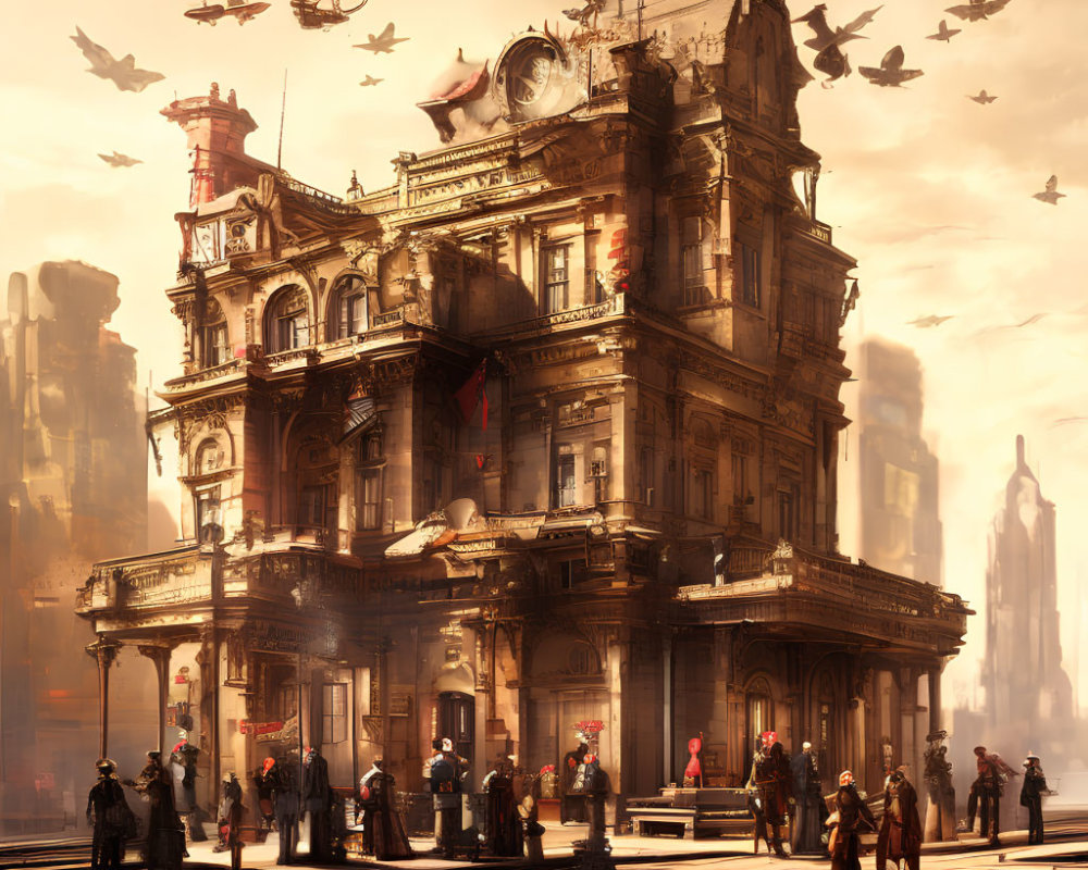 Steampunk-style building with ornate architecture and airships in a hazy cityscape