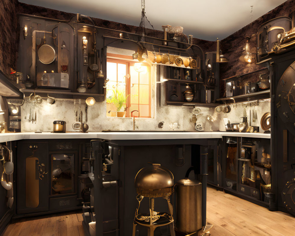 Vintage kitchen with copper utensils, central island, hanging pots, warm lighting