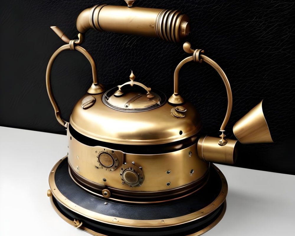 Steampunk-style kettle with brass and copper tones on dark textured background