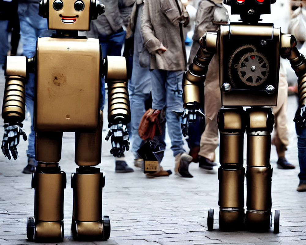 Metallic humanoid robots with cartoon faces in public space