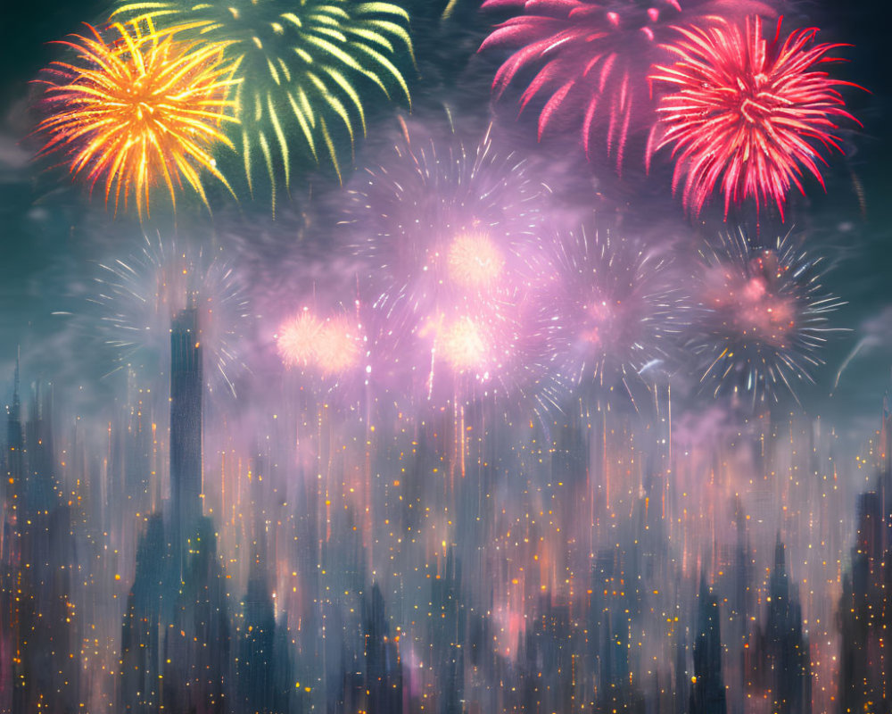 Colorful fireworks illuminate city skyline at night