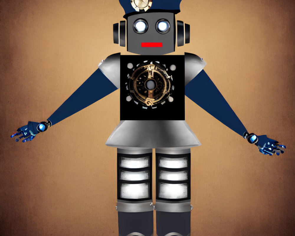 Vintage-Style Robot Illustration with Large Central Gear and Blue/Silver Color Scheme