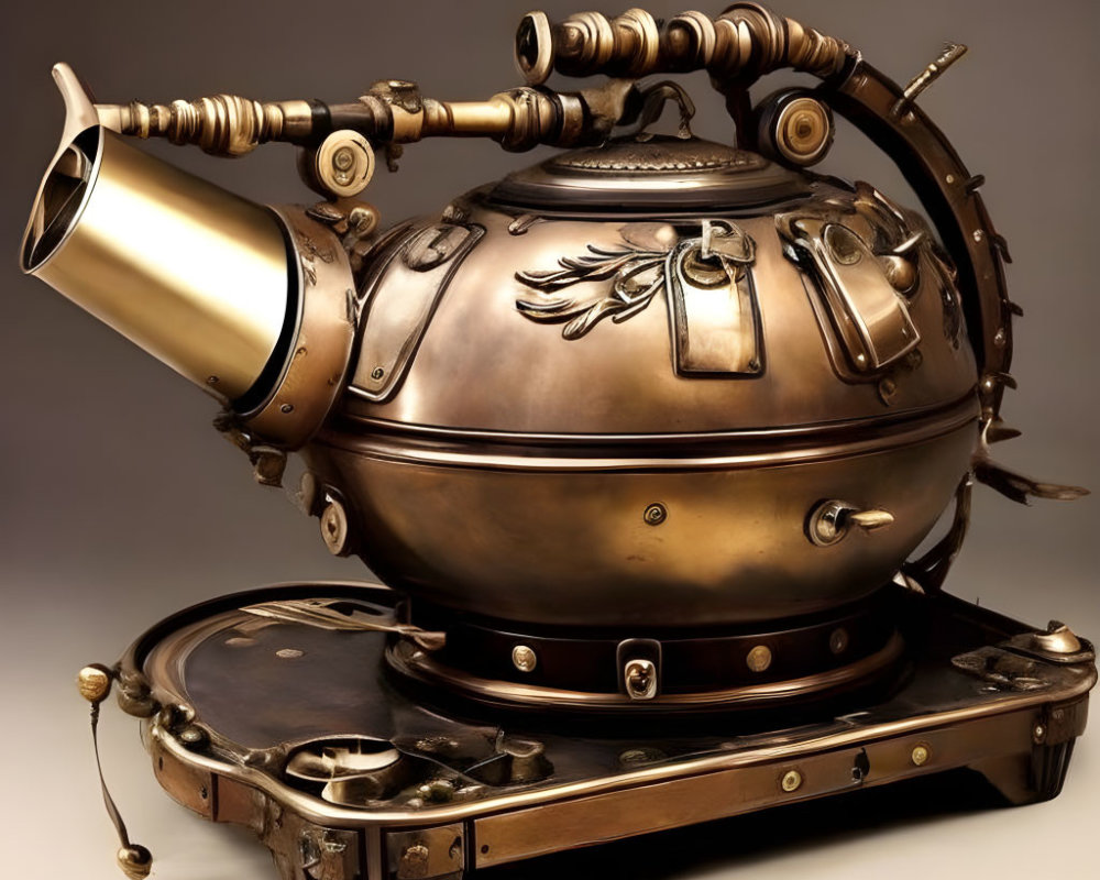 Brass Steampunk-Style Teapot on Tray with Gauges and Gears