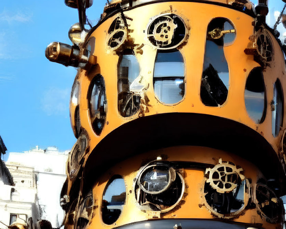 Steampunk-style spherical object with round windows and mechanical details against blue sky and buildings.