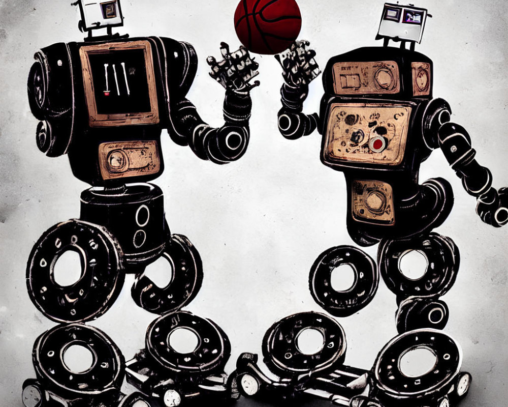 Whimsical robots playing basketball on grey background